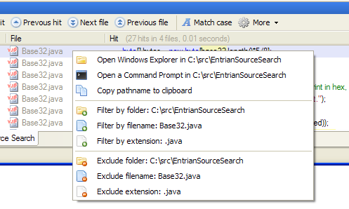 The Entrian Source Search context menu