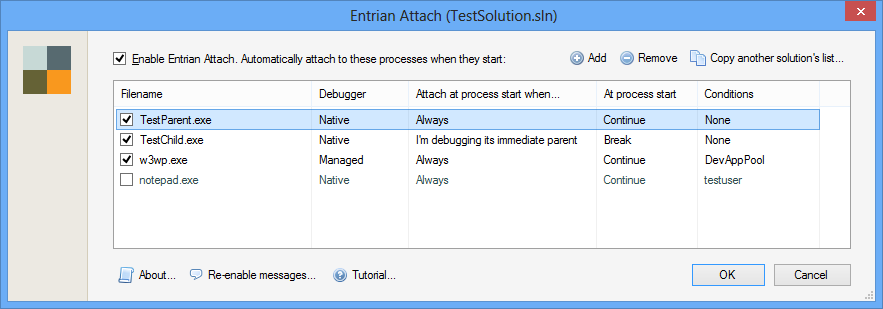 Screenshot of Entrian Attach, a Visual Studio Addin for automatically attaching a debugger to processes as they start.