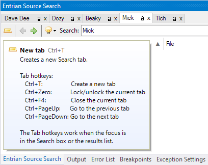 Tab hotkeys: Ctrl+T: Create a new tab.  Ctrl+Zero: Lock/unlock the current tab.  Ctrl+F4: Close the current tab.  Ctrl+Page Up: Previous tab.  Ctrl+Page Down: Next tab.  The tab hotkeys work when the focus is in the Search box or the result list.