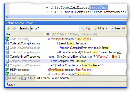 Screenshot of Entrian Source Search, a Visual Studio Addin for searching your code.